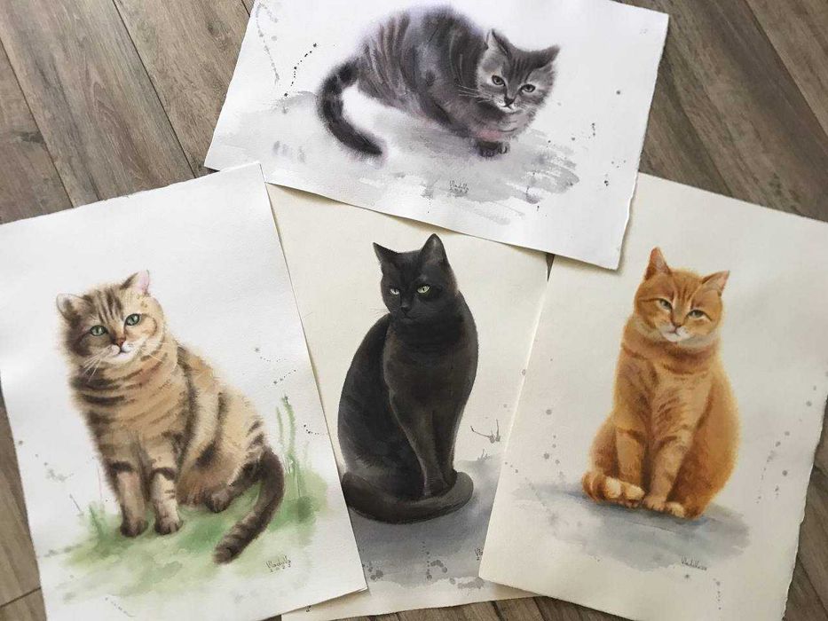 картина, котики, акварель, декор, подарок, уют