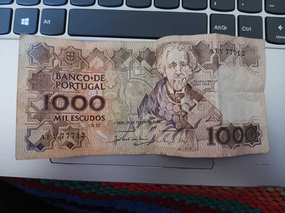 Nota de 1000 escudos - Teofilo Braga 1987