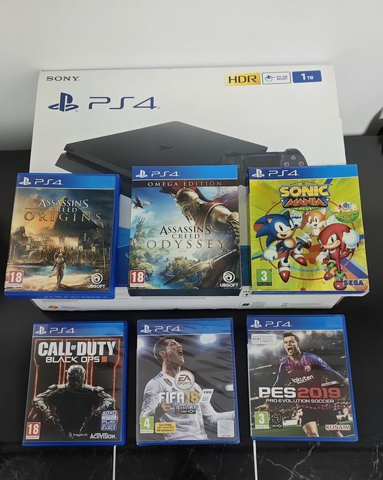 PS4 - PlayStation 4 Slim 1Tb + Comando + Jogos + Caixa Original – Excelente Estado