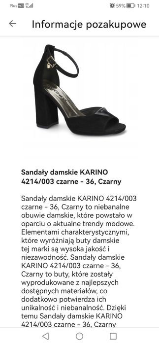 Sandały damskie nowe czarne na słupku KARINO rozm. 36