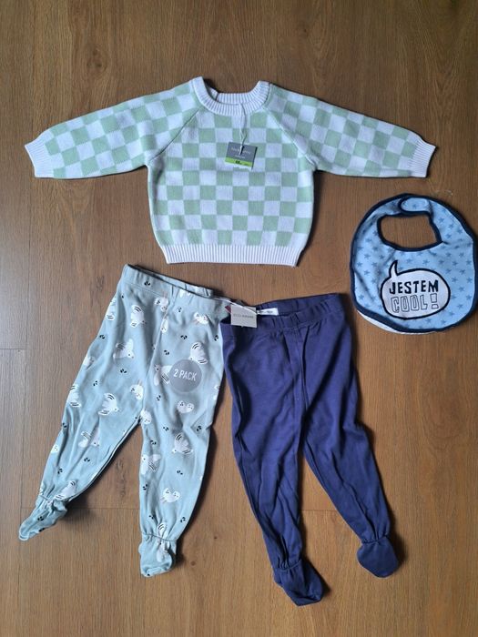 Sweterek niemowlęcy, spodnie ze stópkami i śliniak NOWE Z METKAMI r.68