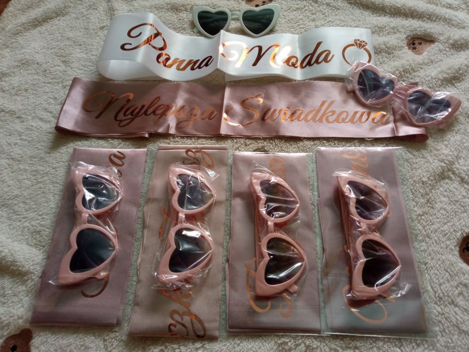 Zestaw na panieński - okulary serca i szarfy - panna młoda + 5 druhen