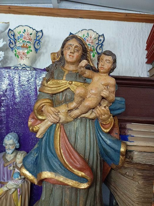Figura Nossa Sra Menino Madeira Policromada XVIII XIX 2