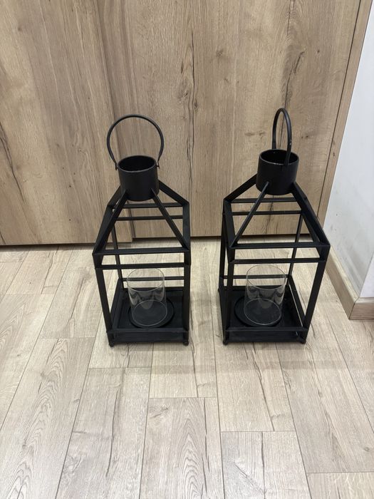 Komplet 2x Duże Latarnie Metalowe Czarne Lampiony Loft Boho Ogrodowe