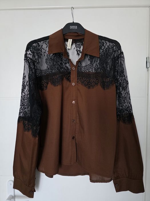 Włoska czekoladowa koszula z koronką oversize 44 46 48