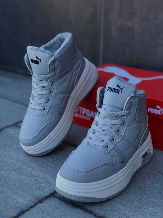 Женские зимние кроссовки пума серые ботинки на меху натуральная кожа