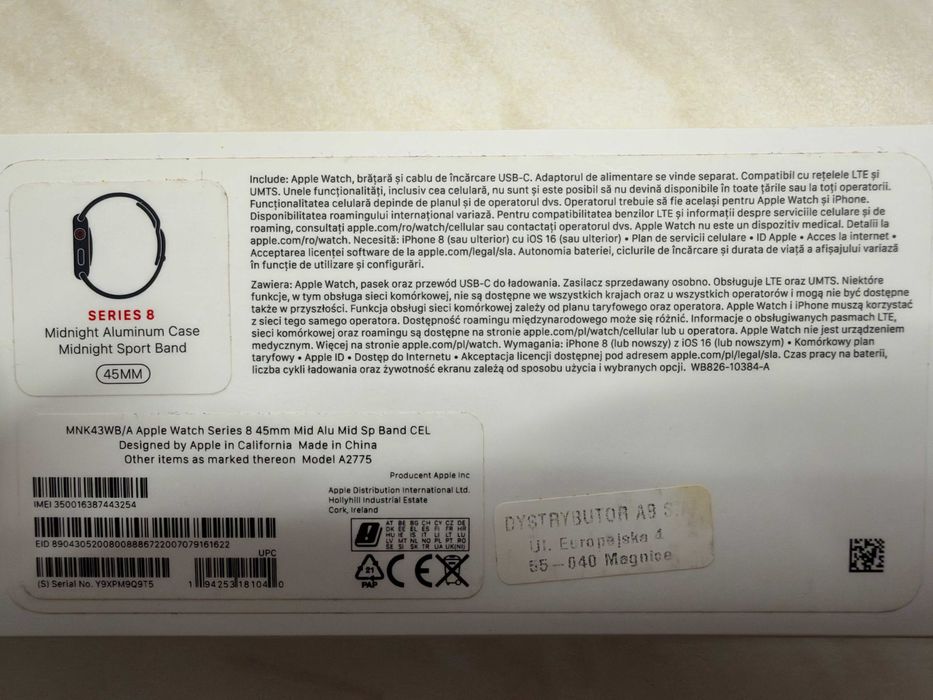 Apple Watch Series 8 45 mm GPS + Cellular | bateria 92% | pudełko