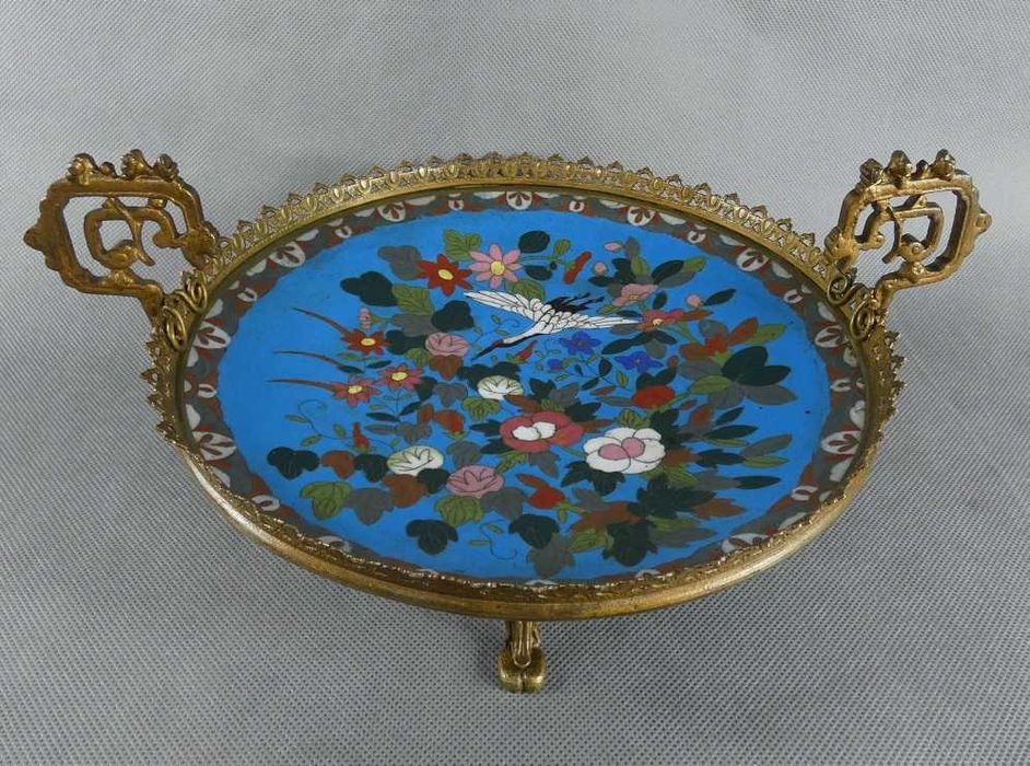 PATERA talerz emalia CLOISONNE kwiat ptak żuraw MISA taca
