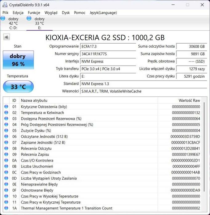 Dysk SSD  Kioxia 1TB M.2 PCIe 3.0 NVMe Exceria G2   GWARANCJA do 2029r.