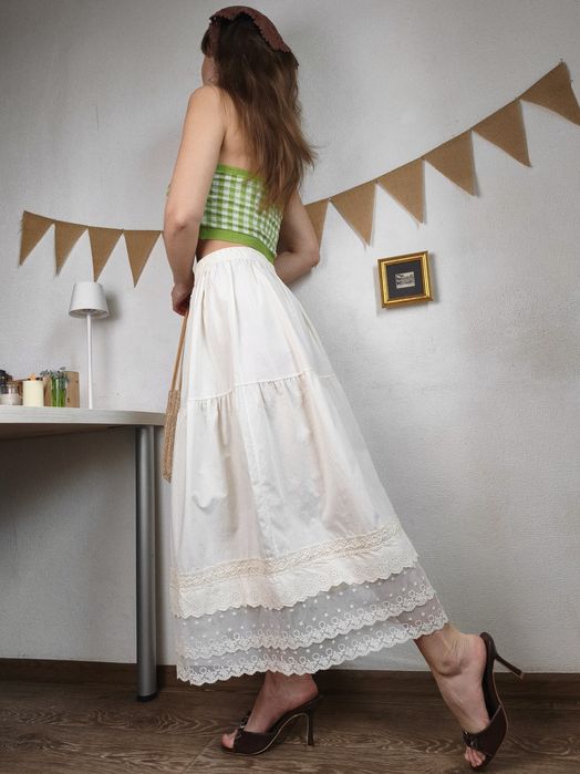 Подъюбник юбка хлопок молочный m l xl макси длинный на резинке кружево