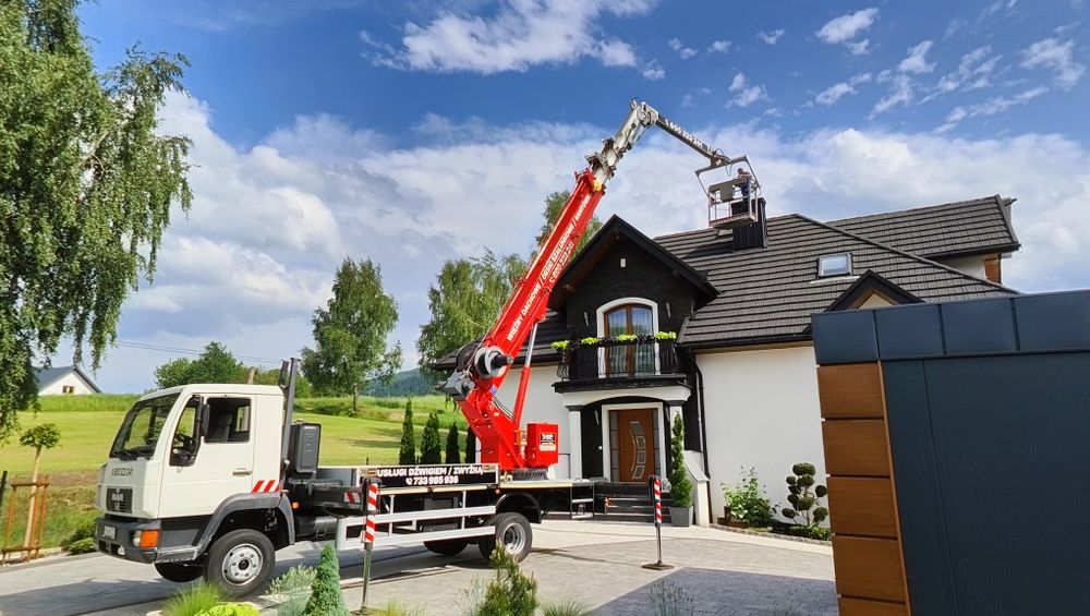 Dźwig dekarski 32m plus zwyżka, chwytak do dachówki, stół połaciowy