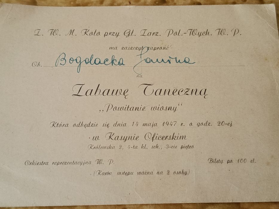 Zaproszenie na zabawę taneczną 1947 roku