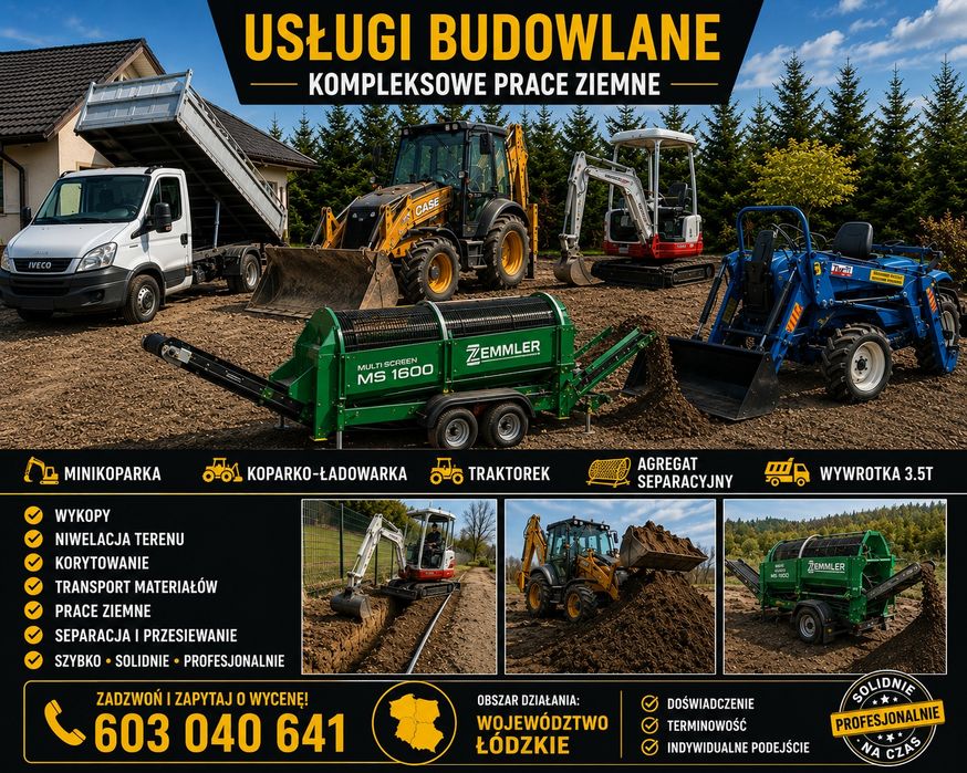 Usługi minikoparką / Koparko-ładowarka / Traktor z glebogryzarka separacyjną / Wywrotka  3.5t