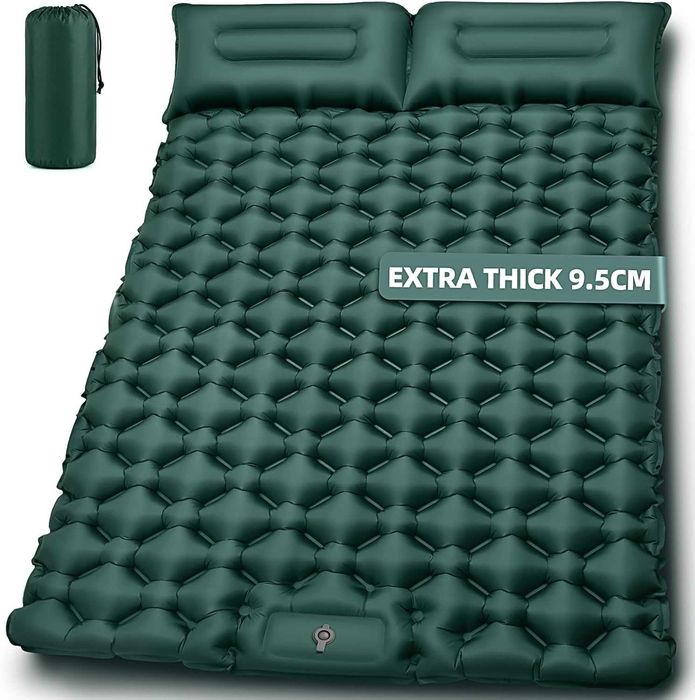 Colchão inflável duplo para camping, 10 cm de espessura, para 2 pessoas, com bomba de pé e travesseiro embutidos.