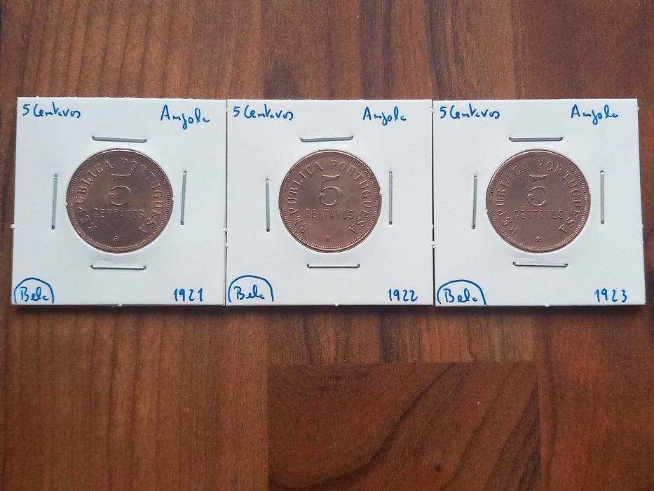 3 Moedas 5 Centavos Angola 1921, 22 e 23