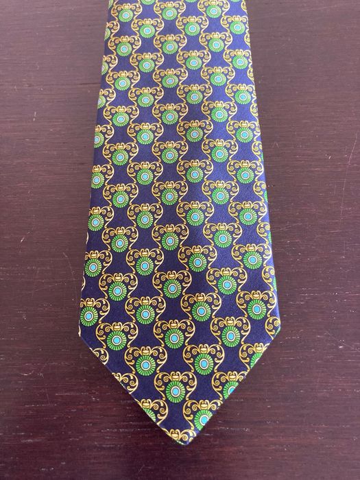 Granatowy krawat Paul R. Smith - zielone medaliony (100% jedwab)