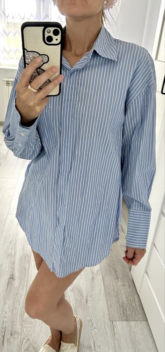 Błękitna bawelniana długa koszula w paski H&M oversize r.XS