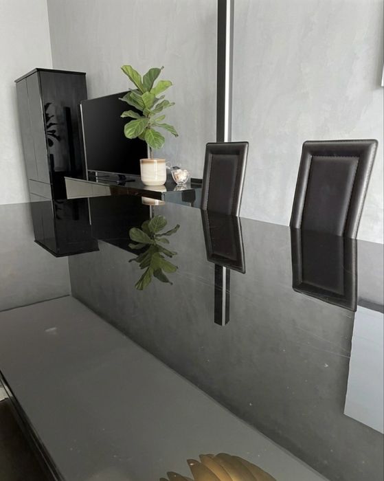 Conjunto de Mesa de Jantar de Vidro Preto + 10 Cadeiras – Preto Lacado