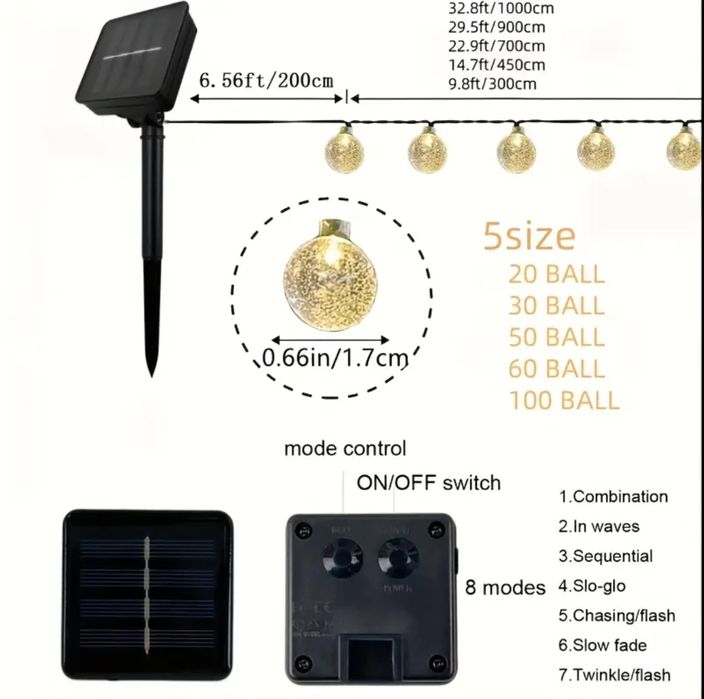 Сонячна гірлянда 11 м, 60 LED, Тепле світло, Для саду та двору