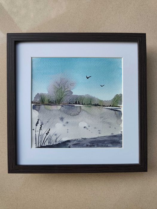 Obraz Akwarela Pejzaż „Wiatrem malowane” 22x22 w Ramie Passe-partout hand made Prezent
