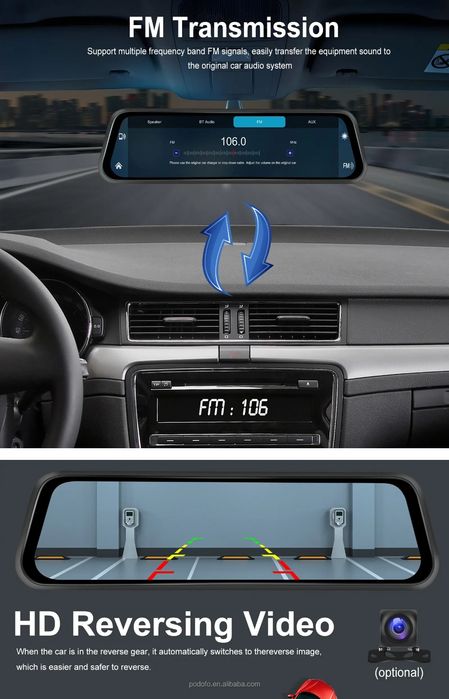 Espelho retrovisor 12 polegadas com Dashcam DVR 4K rádio FM Wi-Fi NOVO