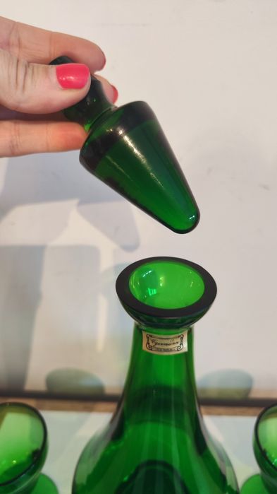 Egermann karafka i 6 kieliszków, szkło zielone, Czechy