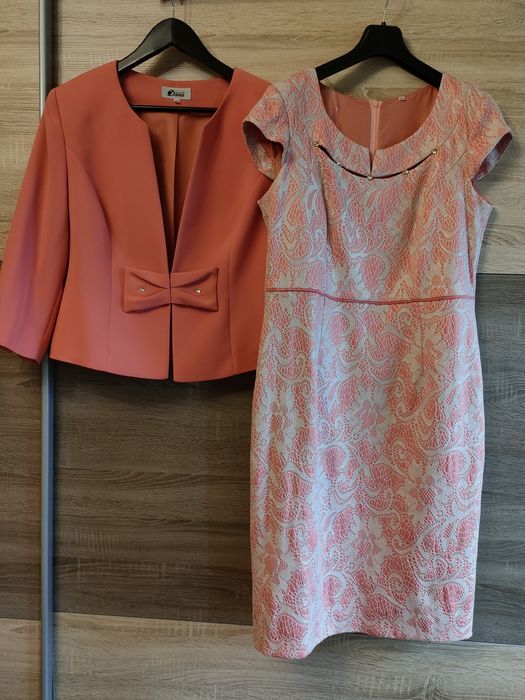 Komplet wizytowy: Sukienka i marynarka/ żakiet, koralowy, Diana, r.42