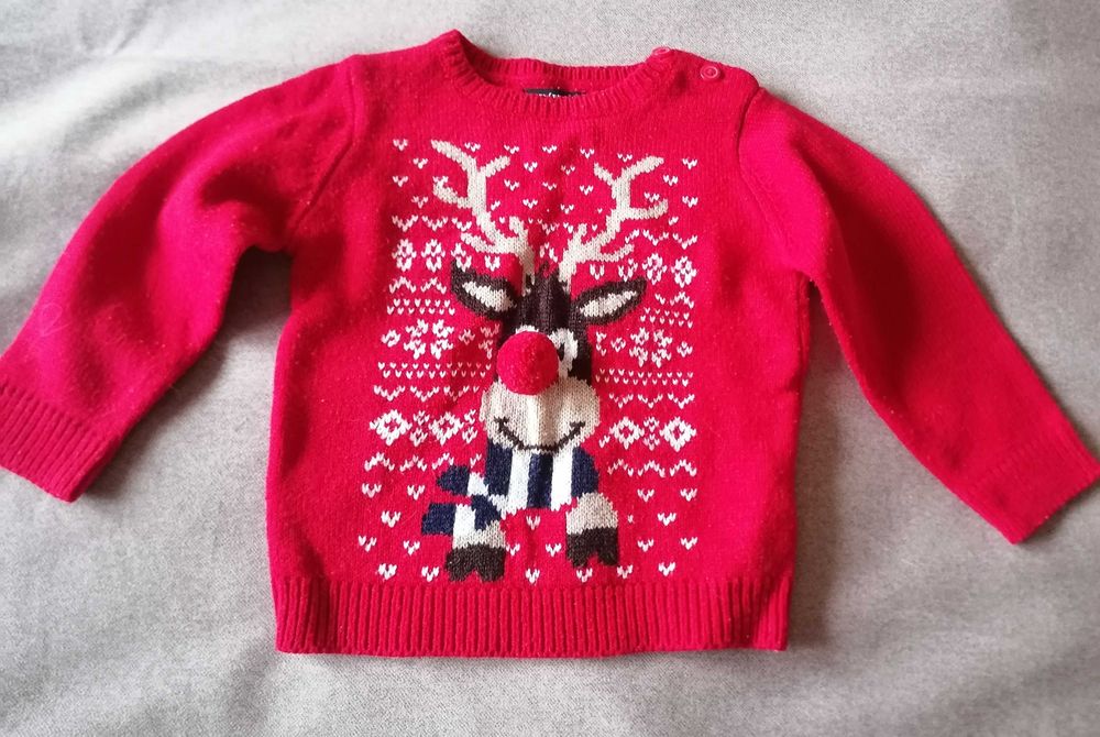 Sweterek wełniany z reniferem  Rudolfem roz.80cm.Sweter