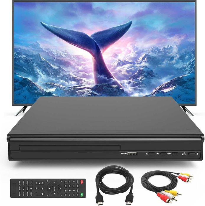 CD/DVD програвач, для телевізора, вихід HDMI AV, підтримка USB-входу та мікрофонів, комплект включає кабелі RCA/HDMI та пульт дистанційного керування