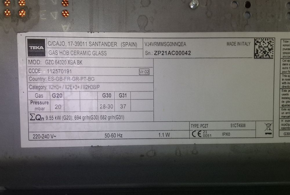 Placa a gás TEKA 4 bicos 9.50kw