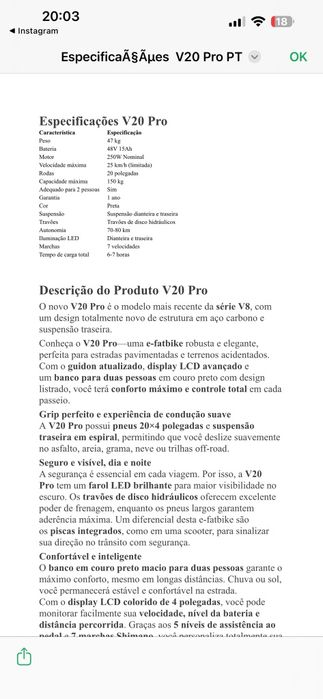 Bicicleta elétrica V20 Pro