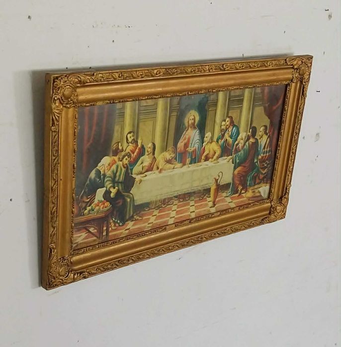 Gravura Antiga da Última Ceia de Cristo com moldura da Época em Talha Dourada