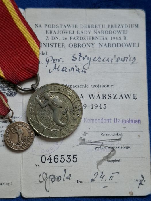 Medal Za Warszawę 1939-1945 + dokument+ miniaturka