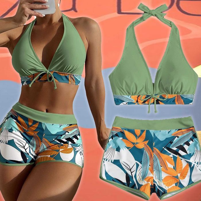 Damski Bikini Szorty Stanik Top Wygodny Strój Kostium Kąpielowy do Opalania na Plażę Wyjmowane Wkładki Wiązany na Szyi Kwiatowy Print Boho rozm XL