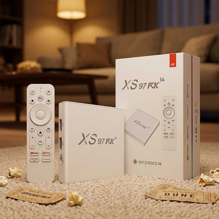 Смарт ТВ приставка XS97 біла Android 14 4K медіаплеєр RK3518 2/8GB WiFi6 голосовий пульт Netflix YouTube Megogo для проектора SmartTV Box андроїд бокс