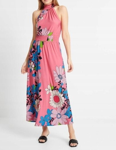 B.P.C długa sukienka różowa maxi w kwiaty odkryte ramiona r.36/38