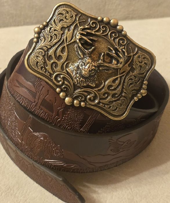 Skórzany pasek myśliwski JELEŃ BYK. Rykowisko. Nowy. 120cm Na prezent.