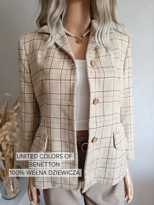 Marynarka elegancka krata beż wełna preppy United Colors of Benetton 40 L