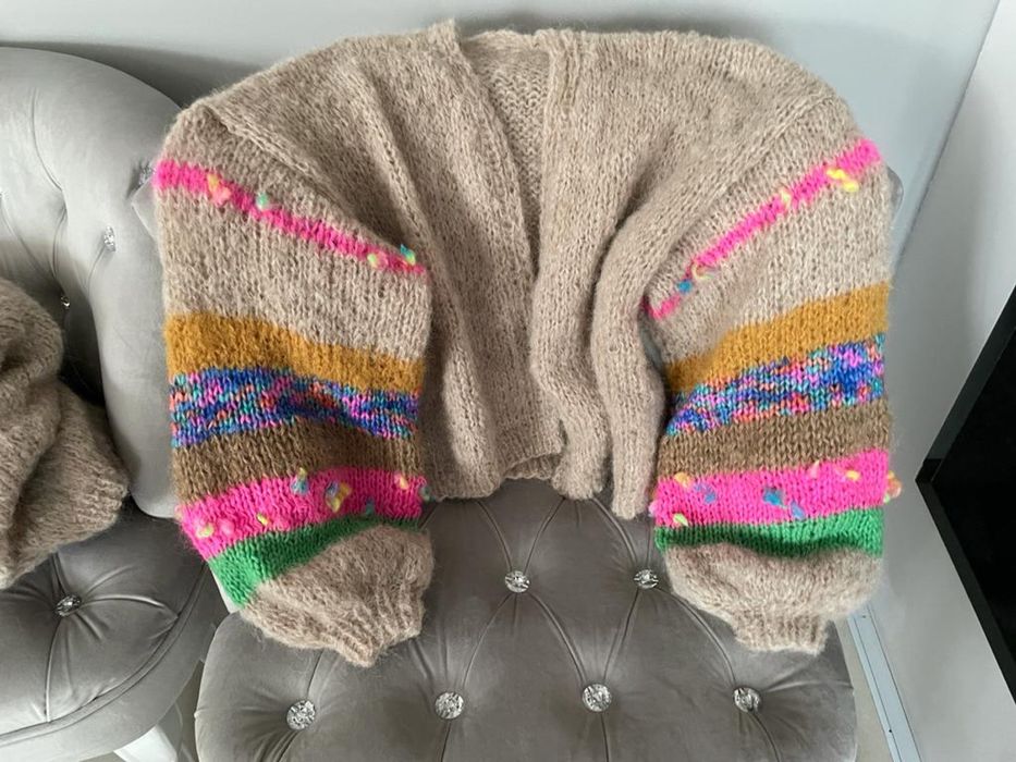 Beżowy sweter kardigan handmade bufiaste rękawy Alpaka S/M