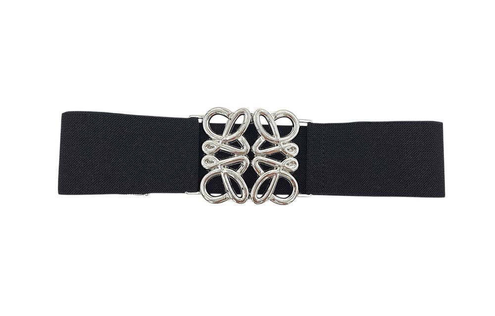 Pasek damski guma ELASTYCZNY czarny srebrna klamra