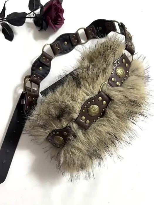 Ремень с Мехом Jaded London Коричневый пояс y2k Harajuku Пушистый