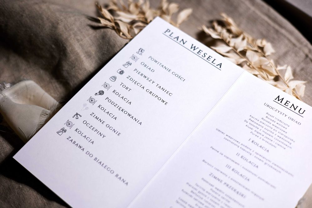 Menu weselne + plan wesela w stylu GLAMOUR