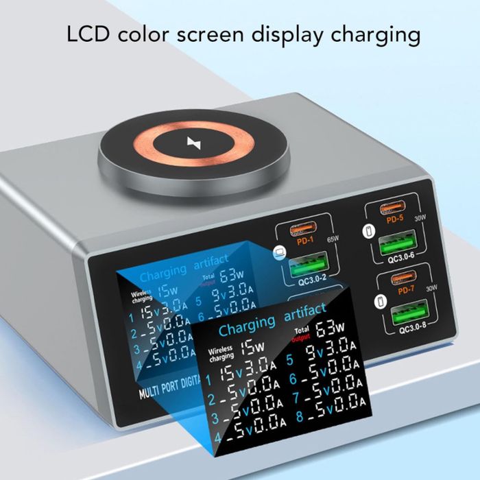 Зарядна станція PUSOKEI 140W USB-C 8 портів з бездротовою 15W