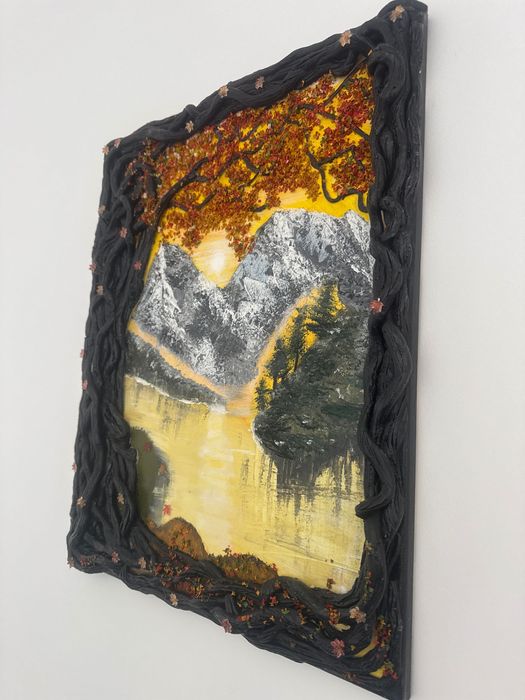Unikatowy obraz 3D Gory w jesiennej ramie Handmade 40x52 cm