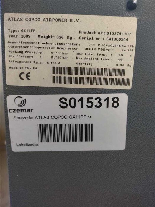 Sprężarka śrubowa Atlas Copco GX11FF,11KW,S015318