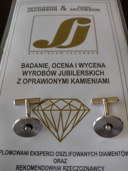 Spinki złote do mankietów 585 z 2szt brylantów certyfikat Jacobson