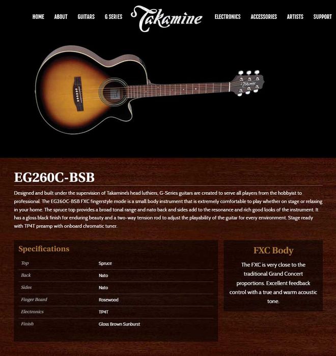 Violão Takamine EG260C Acoustic/ Electric Guitar Brown Sunburst Finish