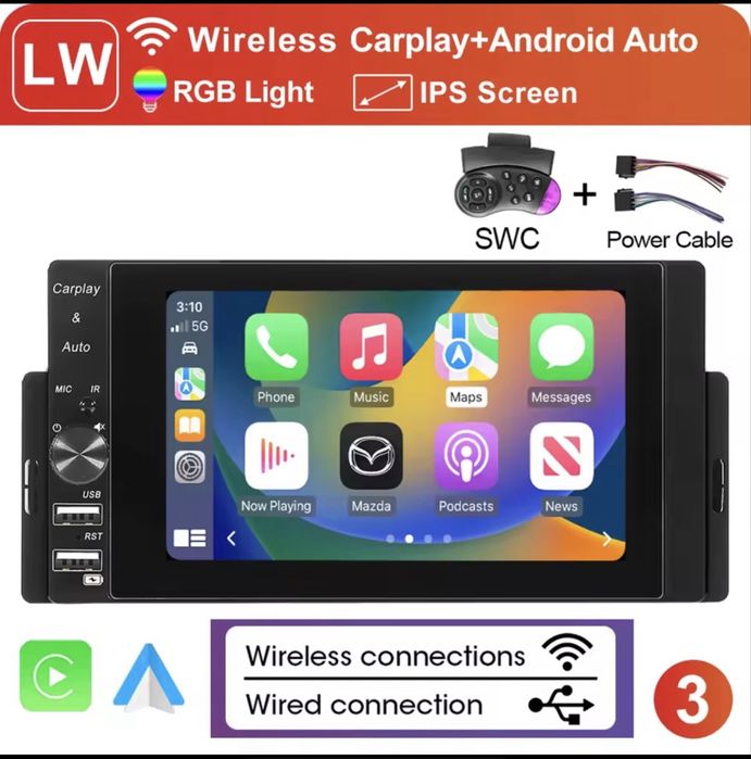 Автомагнітола 5.5” 1DIN з бездротовими CarPlay та Android Auto