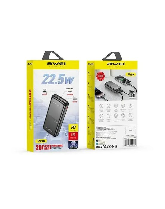 Потужний Повербанк AWEI PA13K 20000mAh Швидка зарядка 22,5W Чорний