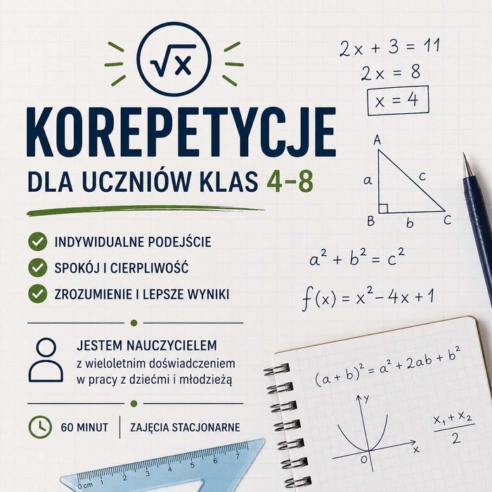 Korepetycje z matematyki – klasy 4–8 - doświadczony nauczyciel